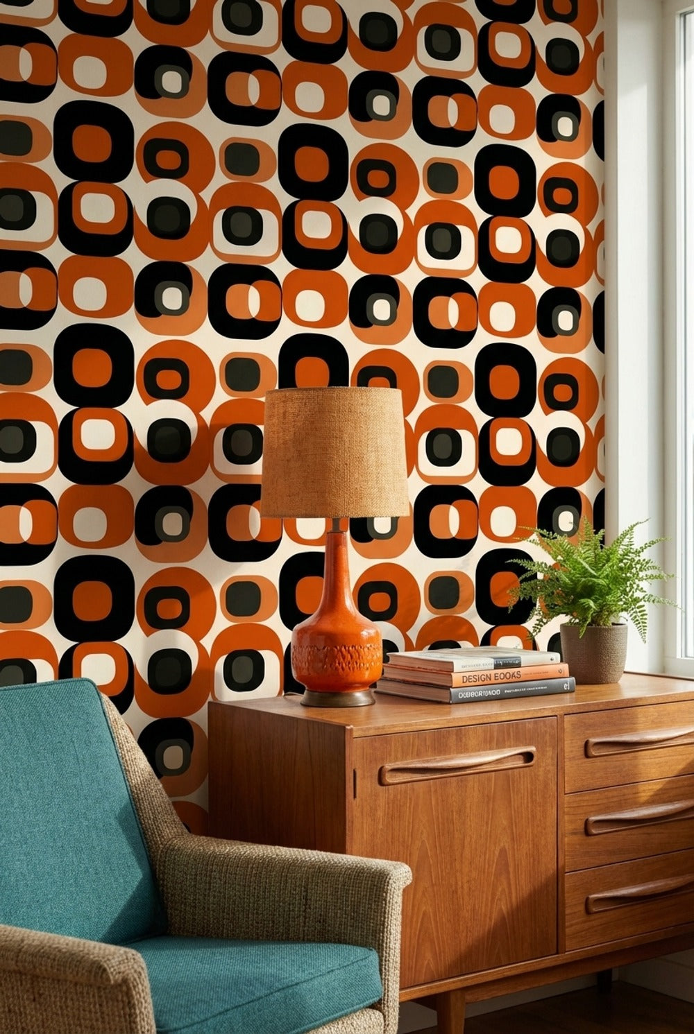 Retro Geometrik Duvar Kağıdı Turuncu Siyah Desenli Salon