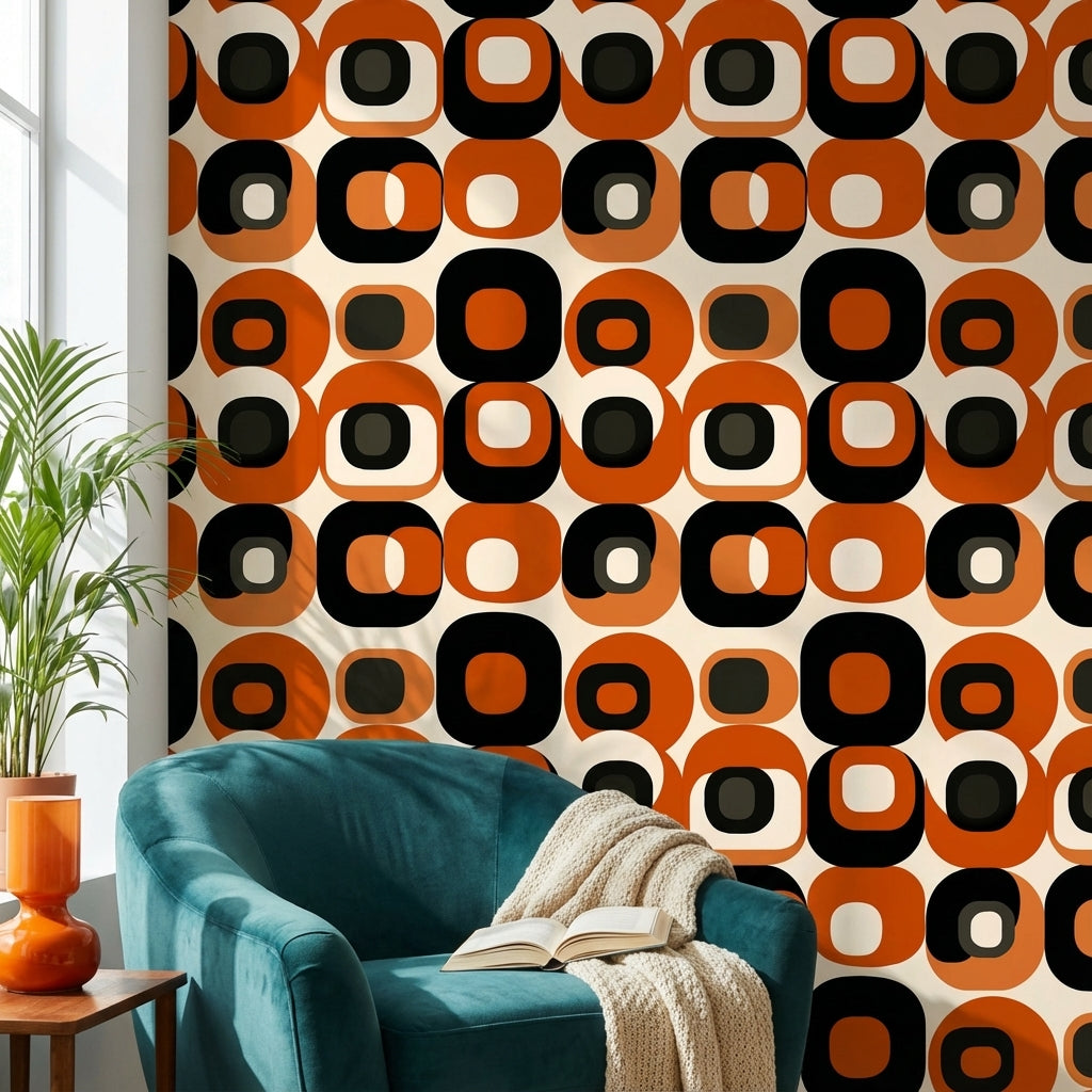 Retro Geometrik Duvar Kağıdı Turuncu Siyah Desenli Salon