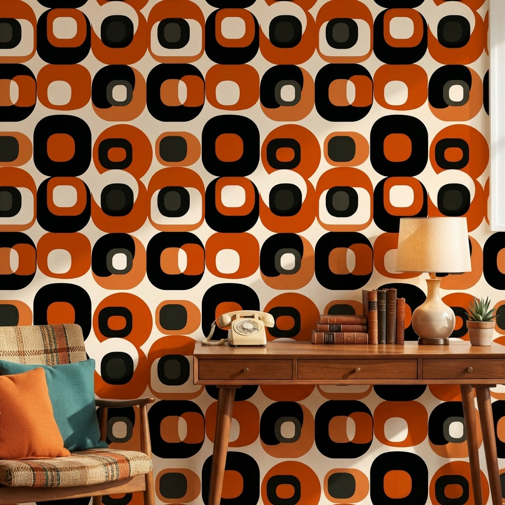Retro Geometrik Duvar Kağıdı Turuncu Siyah Desenli Salon