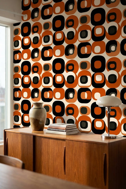 Retro Geometrik Duvar Kağıdı Turuncu Siyah Desenli Salon