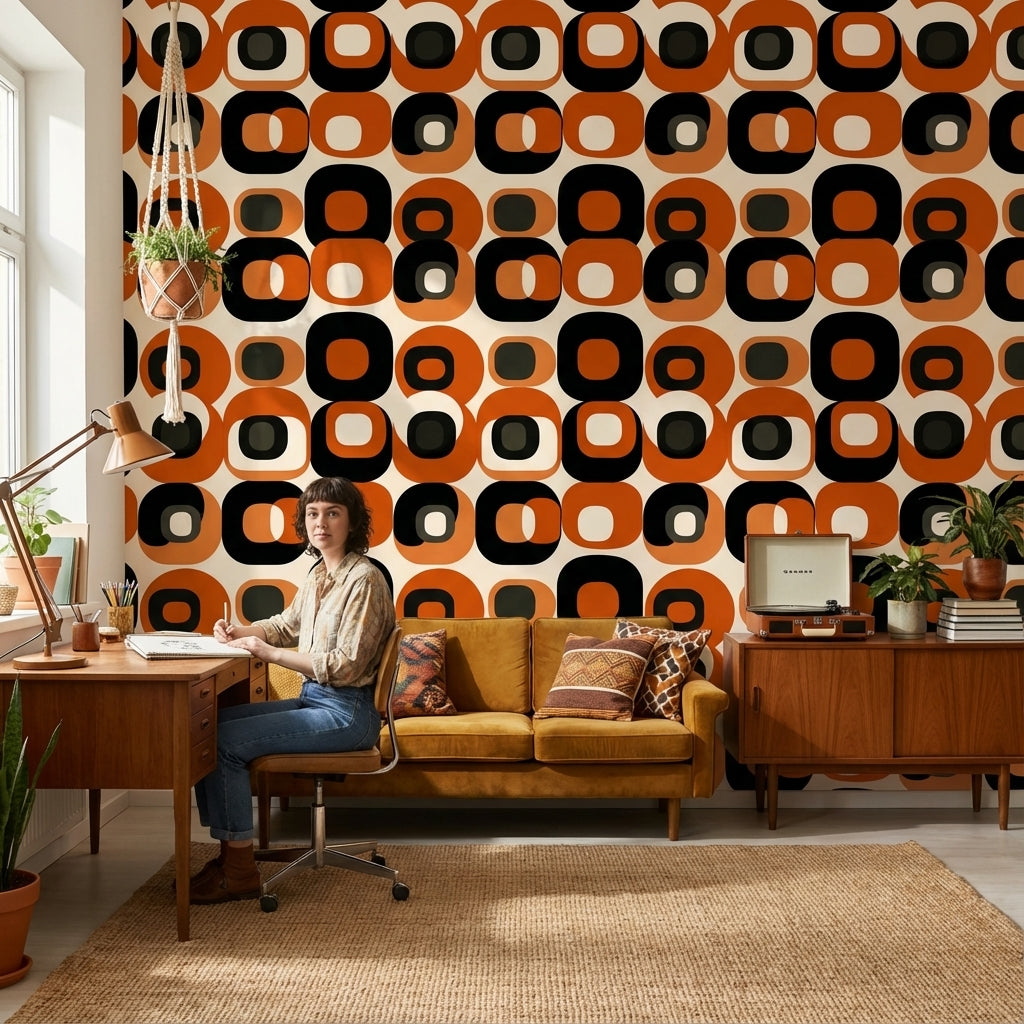 Retro Geometrik Duvar Kağıdı Turuncu Siyah Desenli Salon