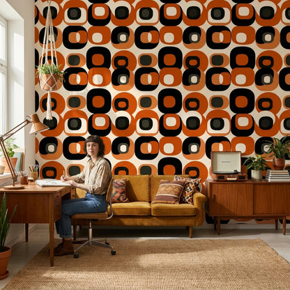 Retro Geometrik Duvar Kağıdı Turuncu Siyah Desenli Salon