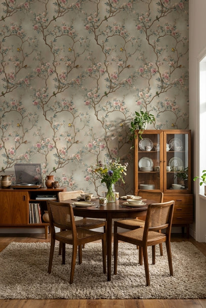 Kuşlu Çiçek Dallı Duvar Kağıdı Bej Klasik Salon