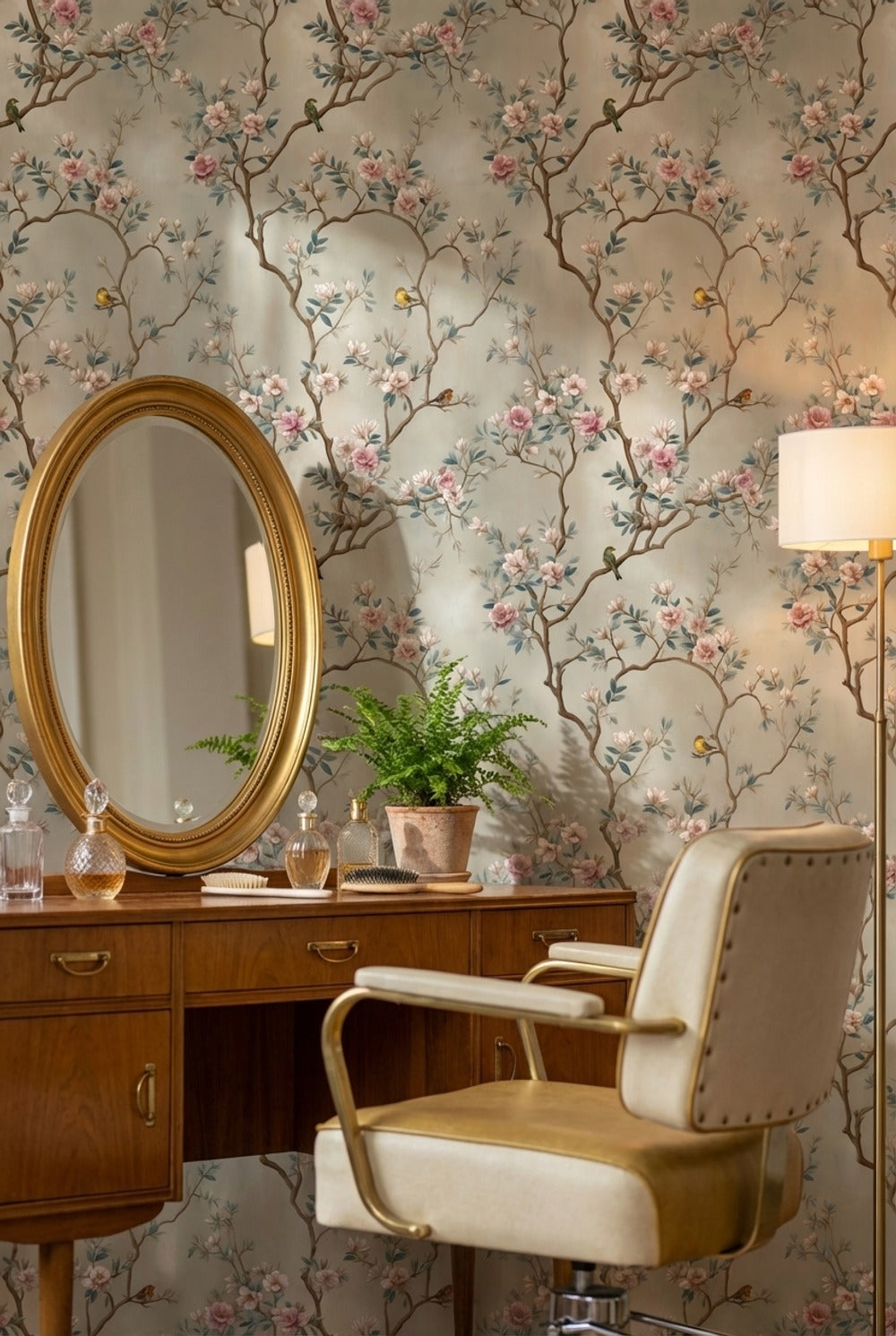 Kuşlu Çiçek Dallı Duvar Kağıdı Bej Klasik Salon