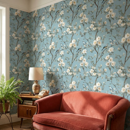 Çiçekli Kuşlu Duvar Kağıdı Mavi Zemin Klasik Desen