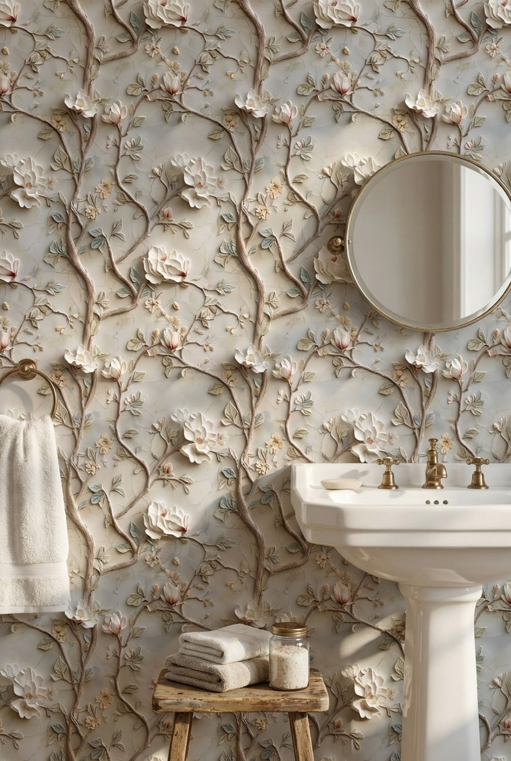 Manolya Çiçekli Duvar Kağıdı Bej Krem Vintage Banyo