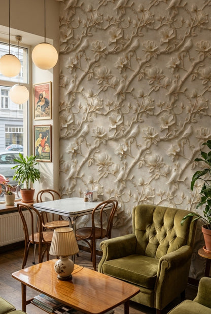Kuşlu Çiçek Dallı Duvar Kağıdı Bej Krem Salon