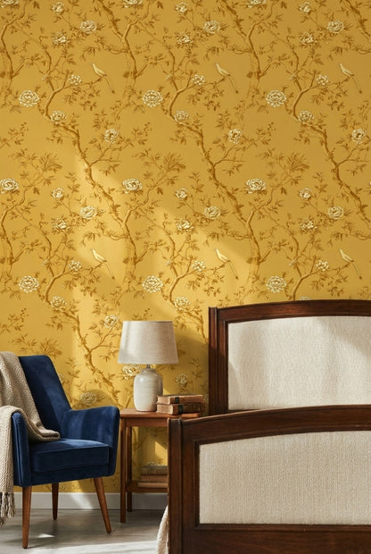 Kuşlu Çiçekli Dal Desenli Duvar Kağıdı Sarı Yatak Odası