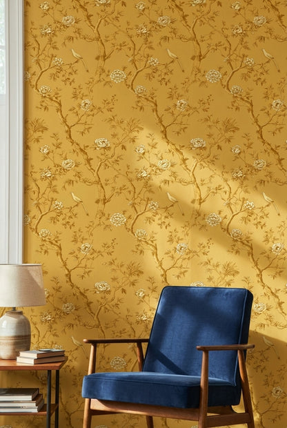 Kuşlu Çiçekli Dal Desenli Duvar Kağıdı Sarı Yatak Odası