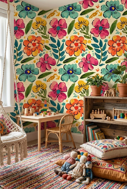 Renkli Suluboya Çiçekli Duvar Kağıdı Retro Desenli Salon
