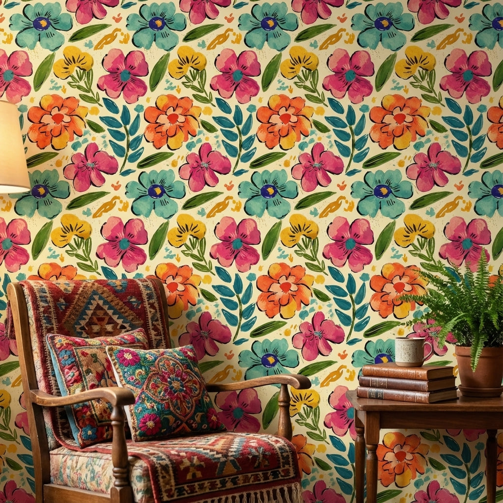 Renkli Suluboya Çiçekli Duvar Kağıdı Retro Desenli Salon