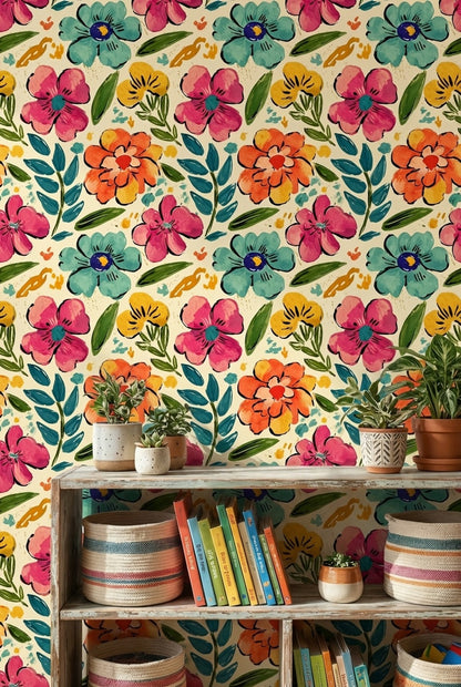Renkli Suluboya Çiçekli Duvar Kağıdı Retro Desenli Salon