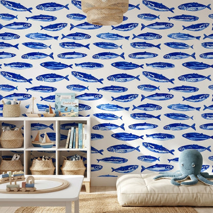 Mavi Balık Desenli Duvar Kağıdı Deniz Temalı Salon