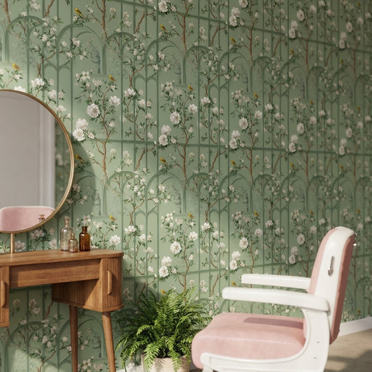 Yeşil Çiçekli Kuşlu Duvar Kağıdı Kafes Desenli Salon