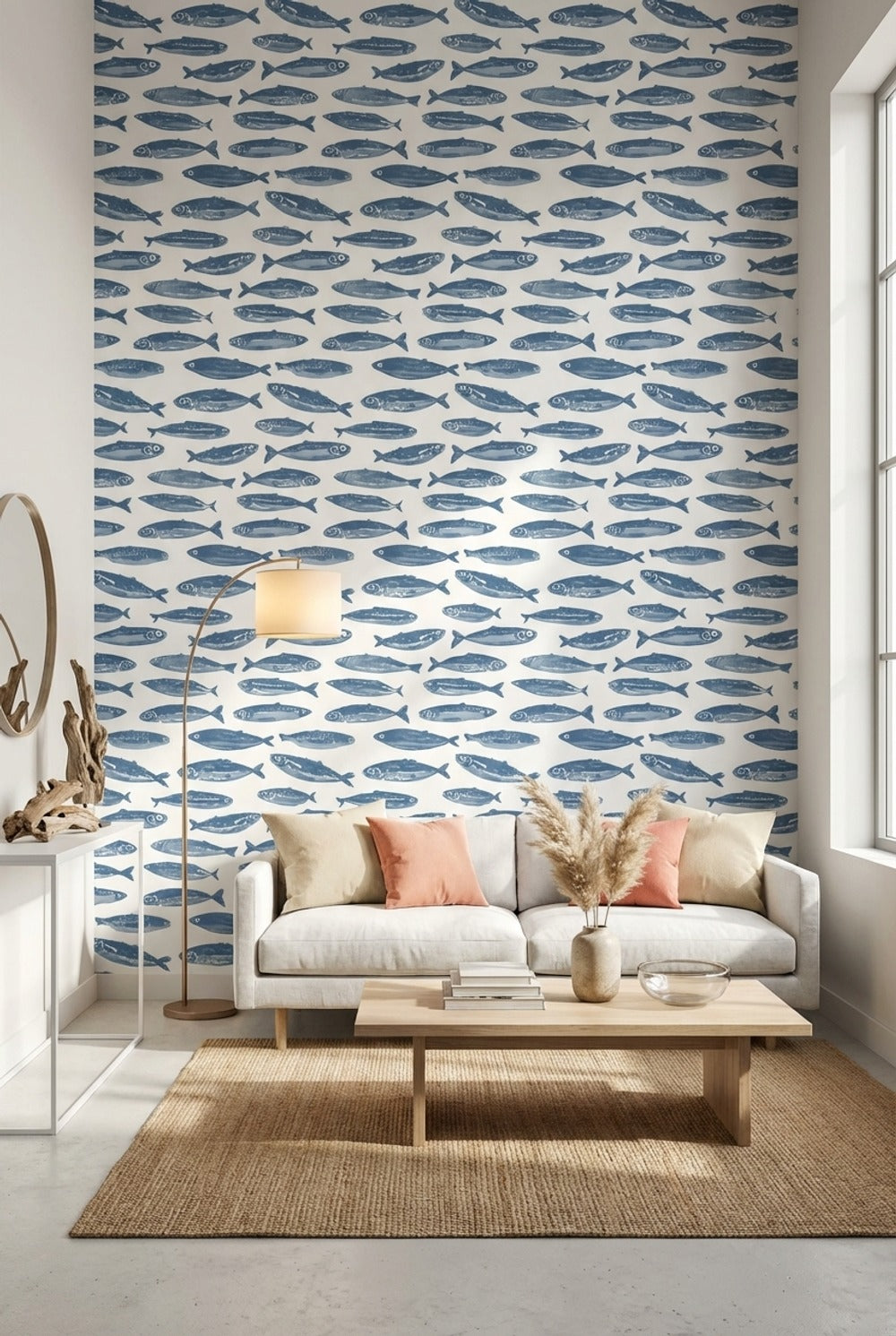 Mavi Balık Desenli Duvar Kağıdı Deniz Temalı Modern