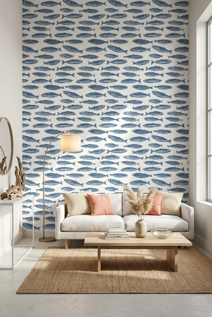 Mavi Balık Desenli Duvar Kağıdı Deniz Temalı Modern