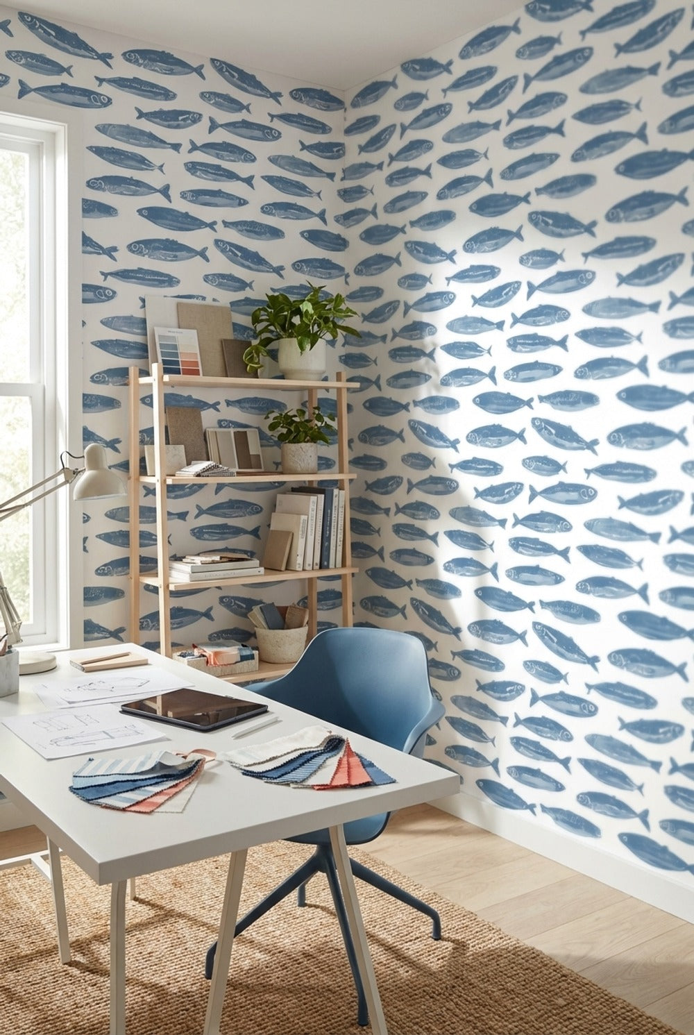 Mavi Balık Desenli Duvar Kağıdı Deniz Temalı Modern