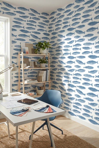 Mavi Balık Desenli Duvar Kağıdı Deniz Temalı Modern