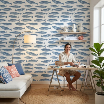 Mavi Balık Desenli Duvar Kağıdı Deniz Temalı Modern