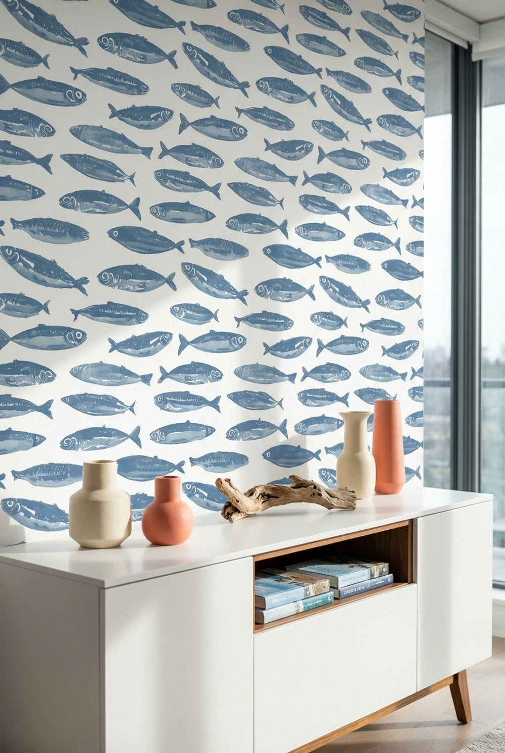 Mavi Balık Desenli Duvar Kağıdı Deniz Temalı Modern