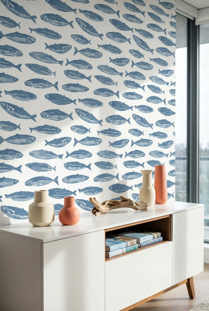Mavi Balık Desenli Duvar Kağıdı Deniz Temalı Modern