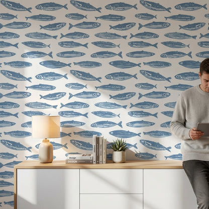 Mavi Balık Desenli Duvar Kağıdı Deniz Temalı Modern