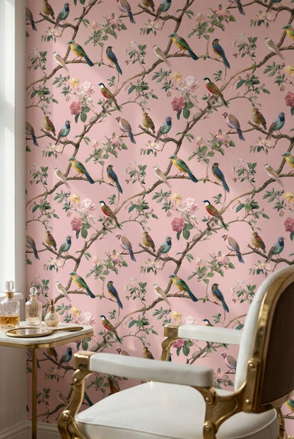 Kuş ve Çiçekli Duvar Kağıdı Pudra Pembe Vintage Desen
