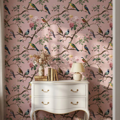 Kuş ve Çiçekli Duvar Kağıdı Pudra Pembe Vintage Desen
