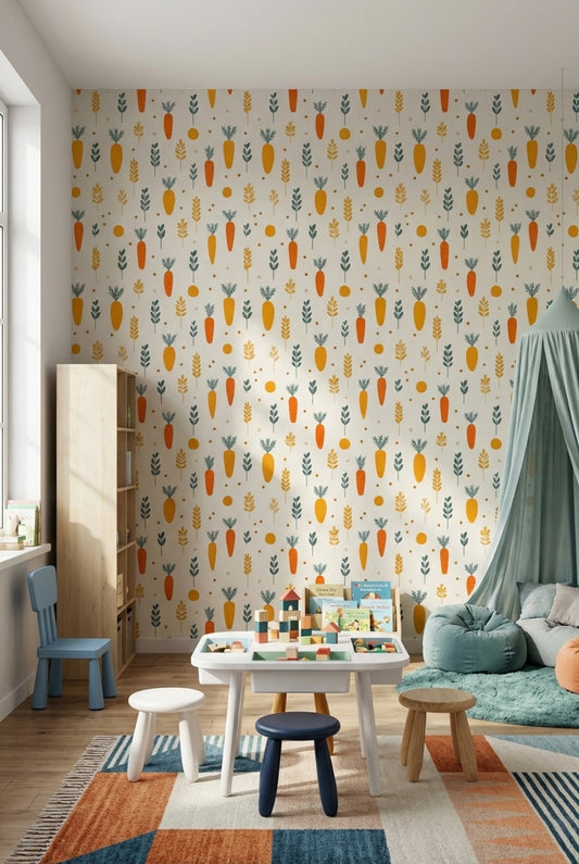 Havuç Desenli Duvar Kağıdı Pastel Renkli Çocuk Odası