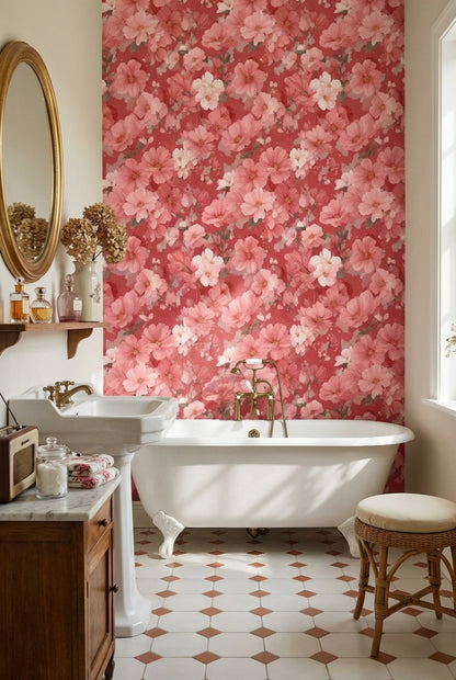 Pembe Çiçek Desenli Duvar Kağıdı Kırmızı Zemin Salon