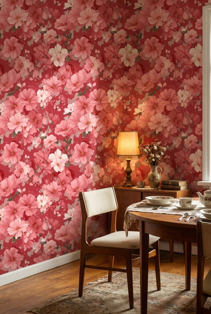 Pembe Çiçek Desenli Duvar Kağıdı Kırmızı Zemin Salon