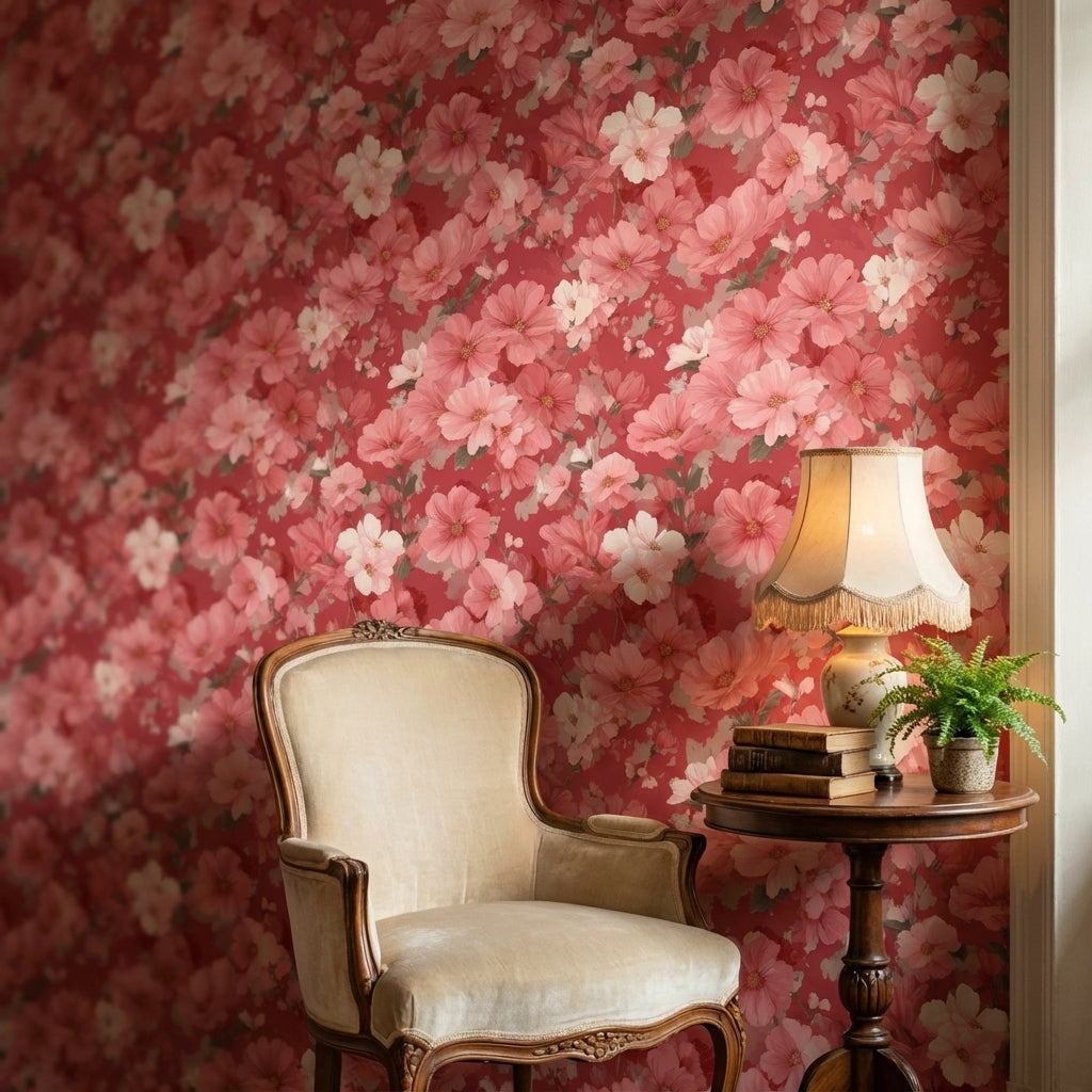 Pembe Çiçek Desenli Duvar Kağıdı Kırmızı Zemin Salon