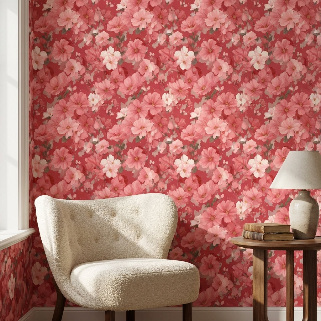 Pembe Çiçek Desenli Duvar Kağıdı Kırmızı Zemin Salon