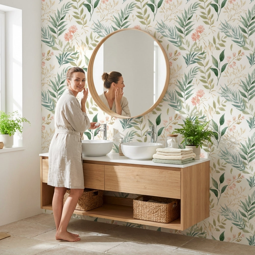 Botanik Yaprak Desenli Duvar Kağıdı Yeşil Çiçekli Salon