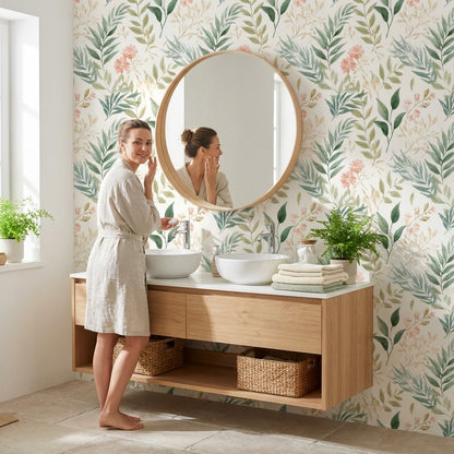 Botanik Yaprak Desenli Duvar Kağıdı Yeşil Çiçekli Salon