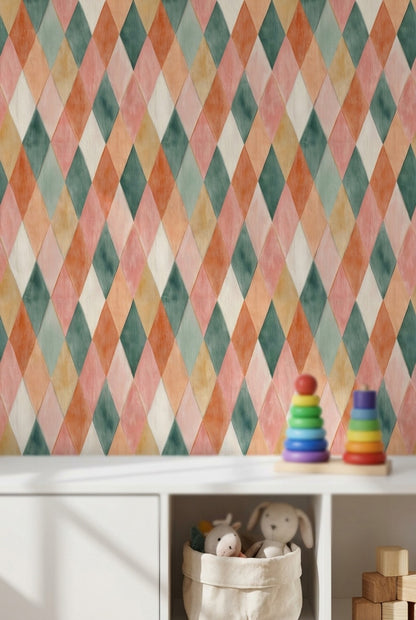 Renkli Baklava Desenli Duvar Kağıdı Pastel Geometrik Salon