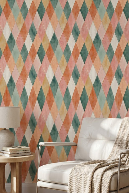Renkli Baklava Desenli Duvar Kağıdı Pastel Geometrik Salon