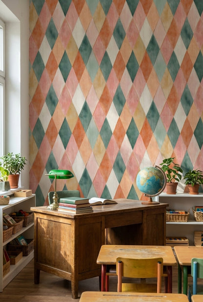 Renkli Baklava Desenli Duvar Kağıdı Pastel Geometrik Salon