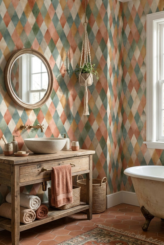 Harlequin Baklava Desenli Duvar Kağıdı Renkli Geometrik Banyo