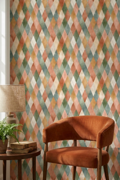 Harlequin Baklava Desenli Duvar Kağıdı Renkli Geometrik Banyo