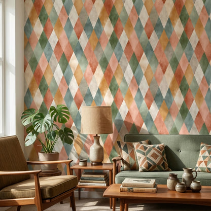Harlequin Baklava Desenli Duvar Kağıdı Renkli Geometrik Banyo