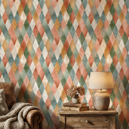 Harlequin Baklava Desenli Duvar Kağıdı Renkli Geometrik Banyo