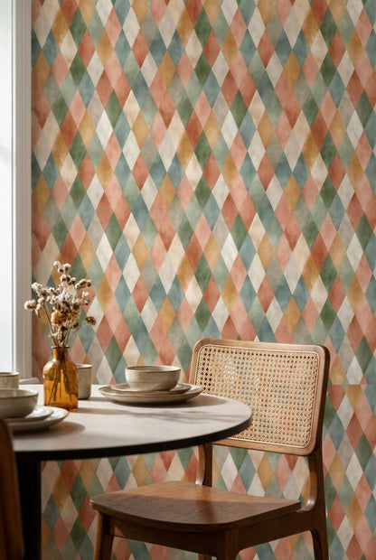 Harlequin Baklava Desenli Duvar Kağıdı Renkli Geometrik Banyo