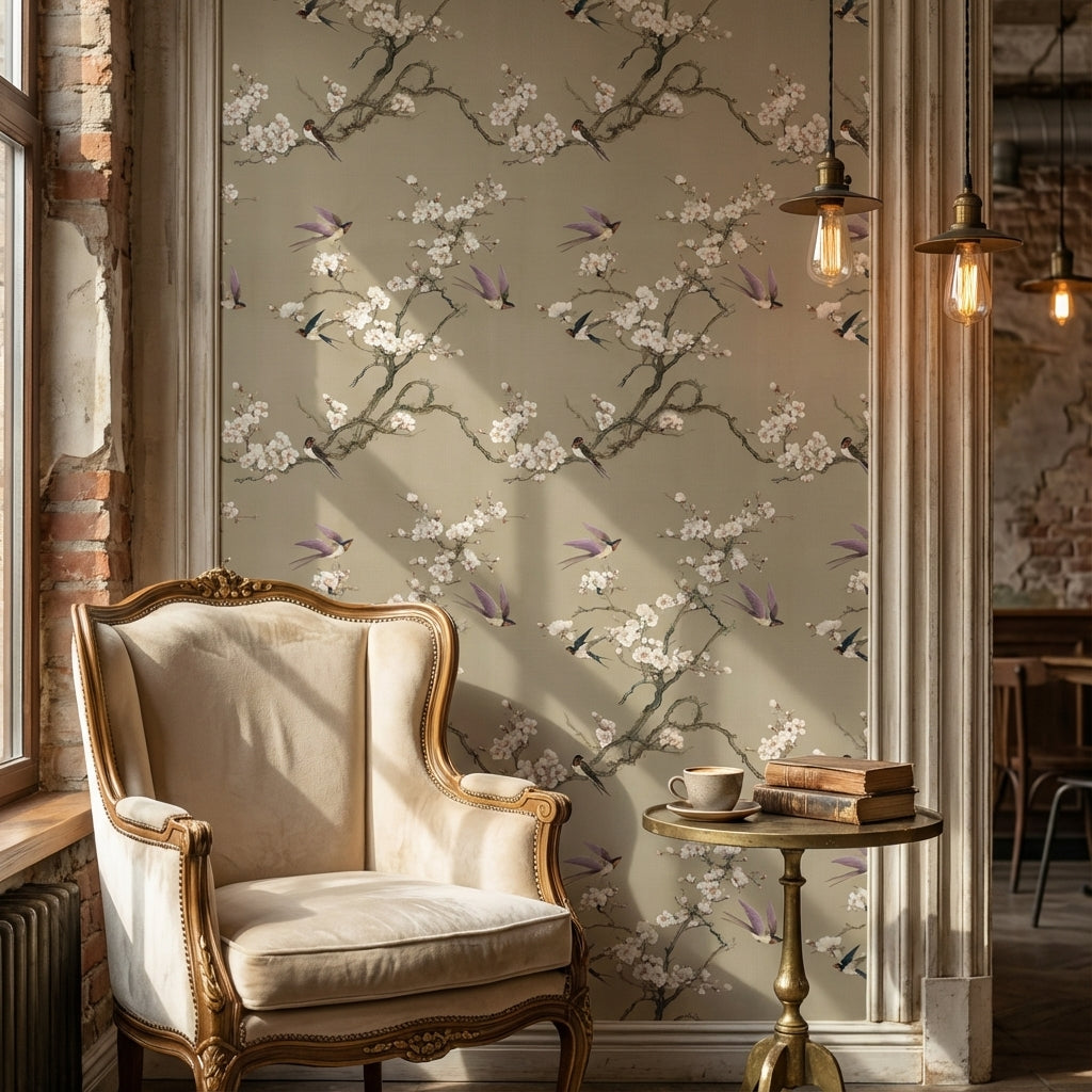Kuşlu Çiçek Dallı Duvar Kağıdı Bej Salon Deseni