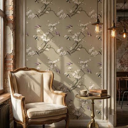 Kuşlu Çiçek Dallı Duvar Kağıdı Bej Salon Deseni