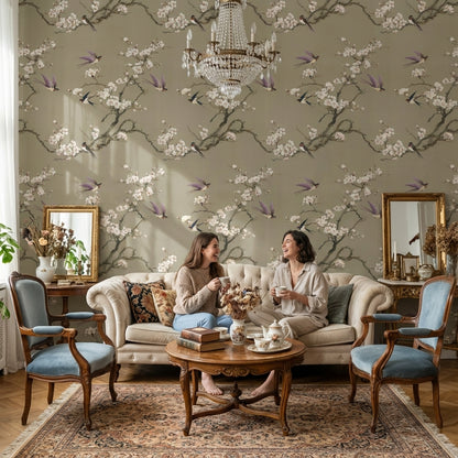 Kuşlu Çiçek Dallı Duvar Kağıdı Bej Salon Deseni
