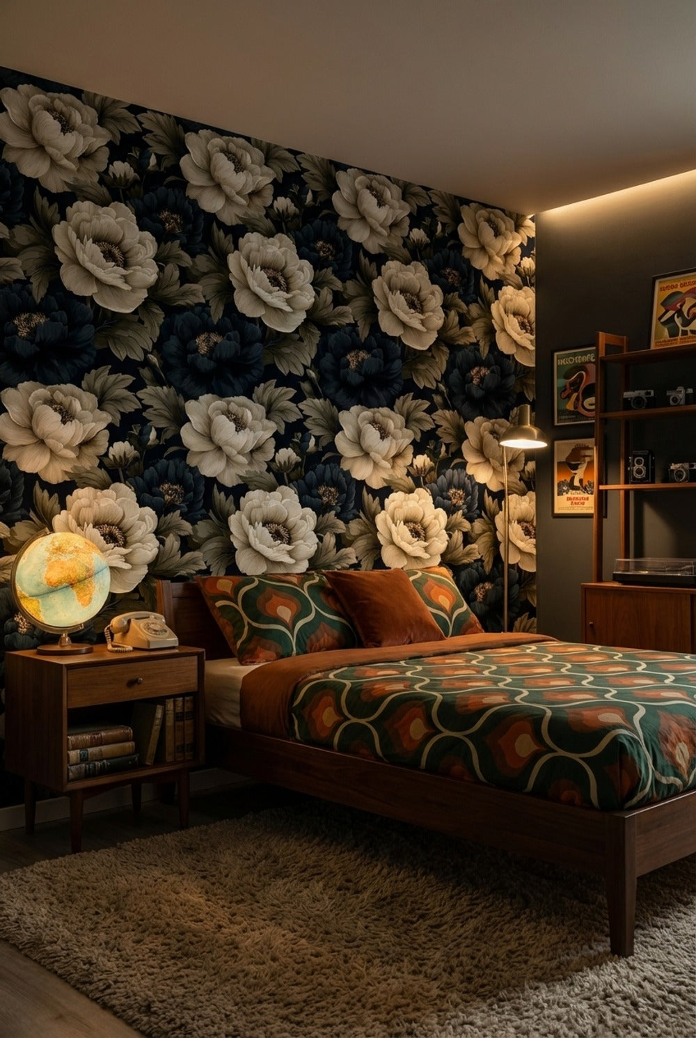 Büyük Çiçek Desenli Duvar Kağıdı Siyah Zemin Salon