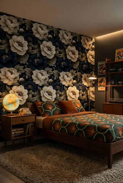 Büyük Çiçek Desenli Duvar Kağıdı Siyah Zemin Salon