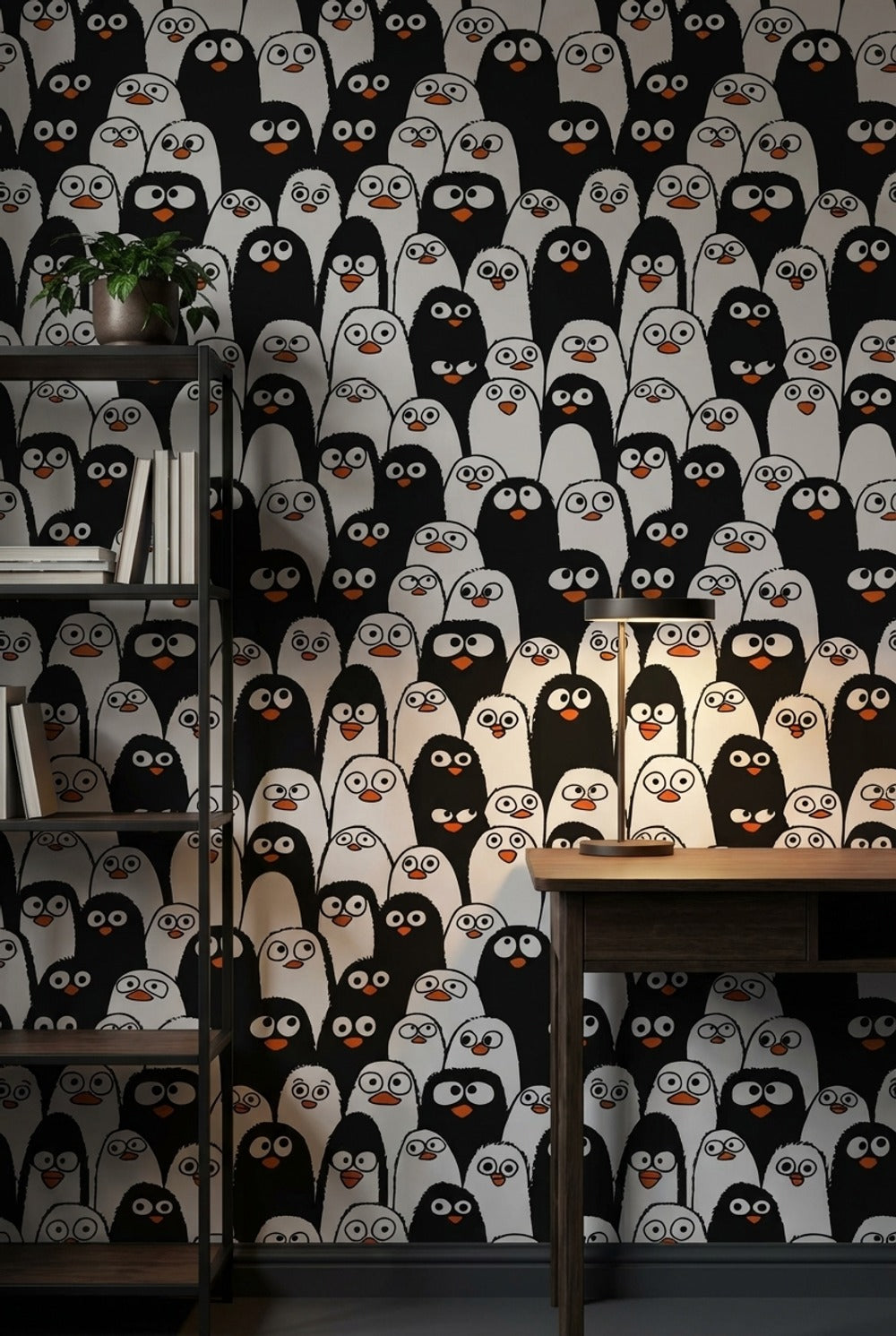 Penguen Desenli Duvar Kağıdı Siyah Beyaz Çocuk Odası
