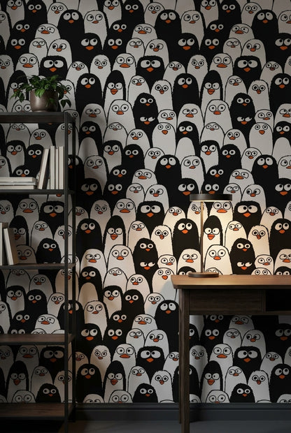 Penguen Desenli Duvar Kağıdı Siyah Beyaz Çocuk Odası